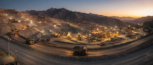 Panorámica de operación minera al atardecer
